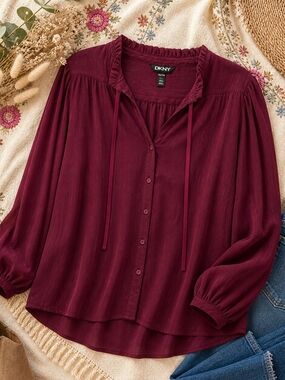DKNY Burgundy Boho Blouse Long Sleeve XXL